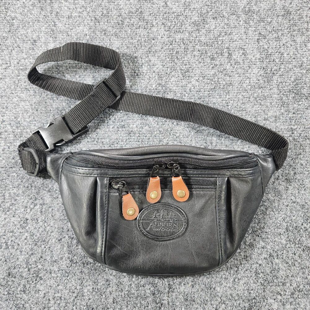 Auburn Woods Vintage 90s Black Leather Fanny Pack Waist Belt Bag Multi Pocket